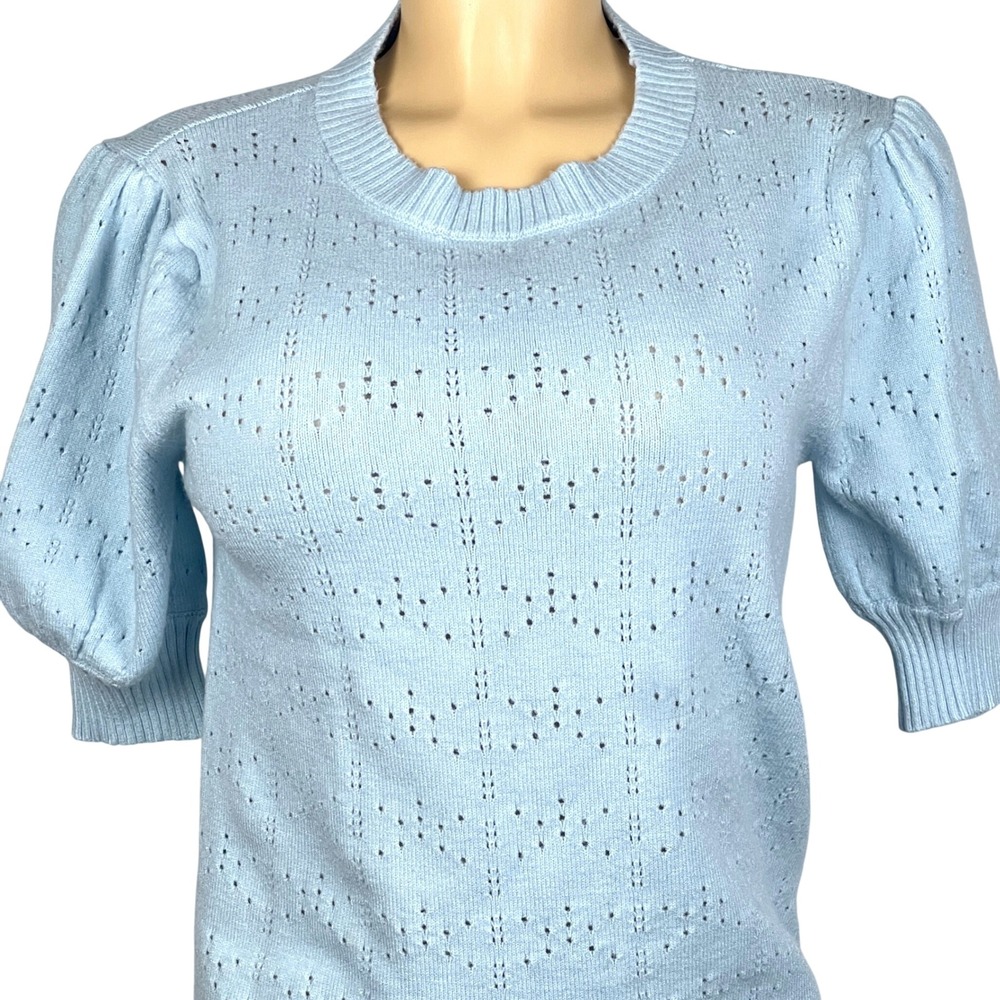 Vtg Pointelle Sweater Top Womens Small Puff Short Sleeve Baby Blue Grandmacore